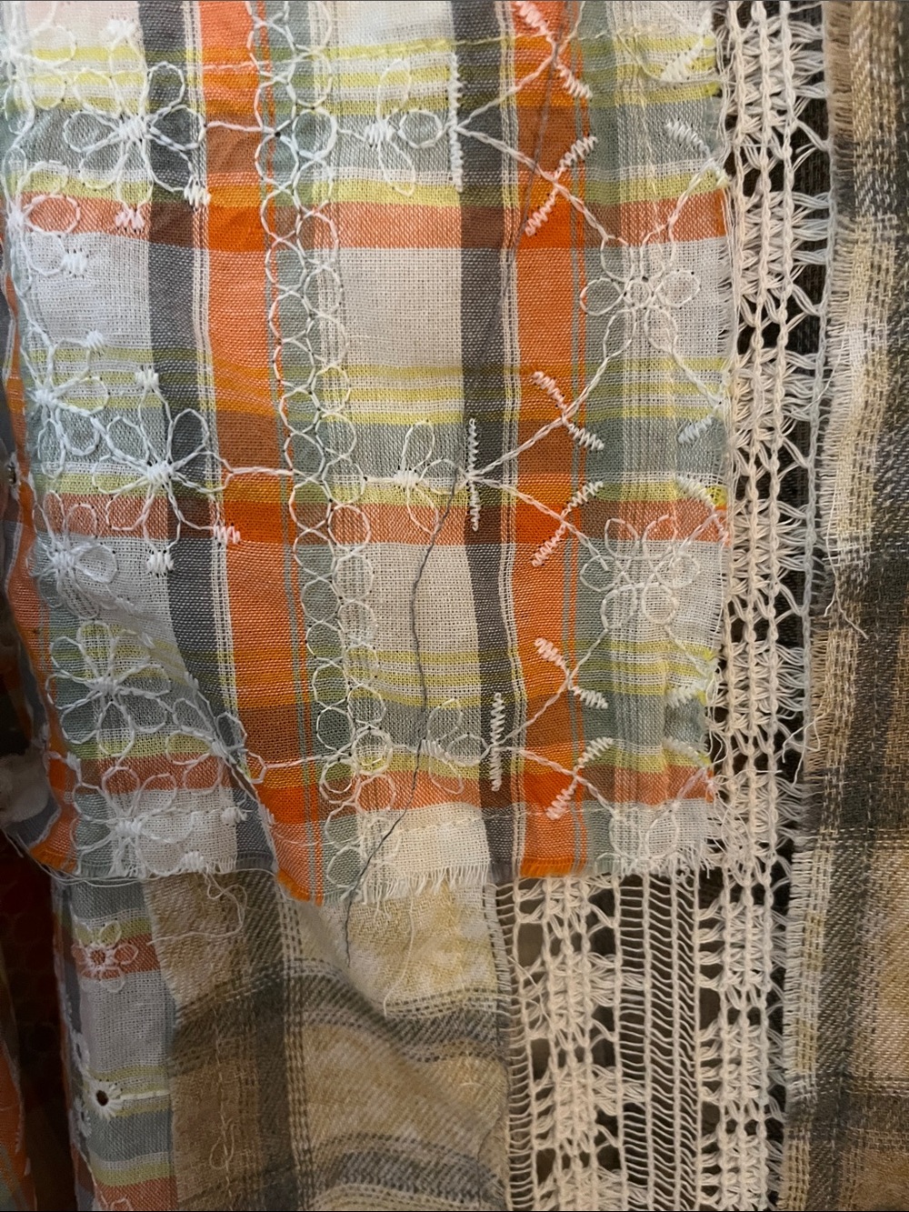 POL Plaid & Lace Patchwork Button-Up Shirt - Beige-Orange-Cream w/Open Lace - Picture 5 of 14
